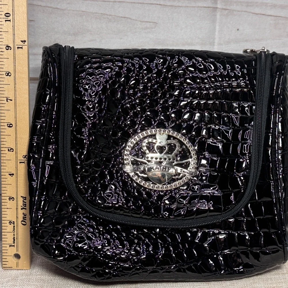 Kathy Van Zeeland Black Faux Croc Hanging Toiletry Bag Makeup Case Pink Lining